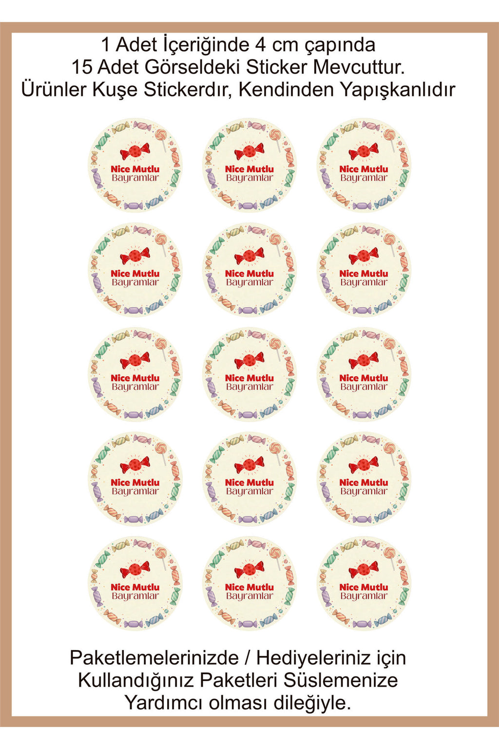 Nice Mutlu Bayramlar yazılı, Paketleme Kutularına Özel Tasarım Etiketler 4 cm Çapında 15 Adet Etiket