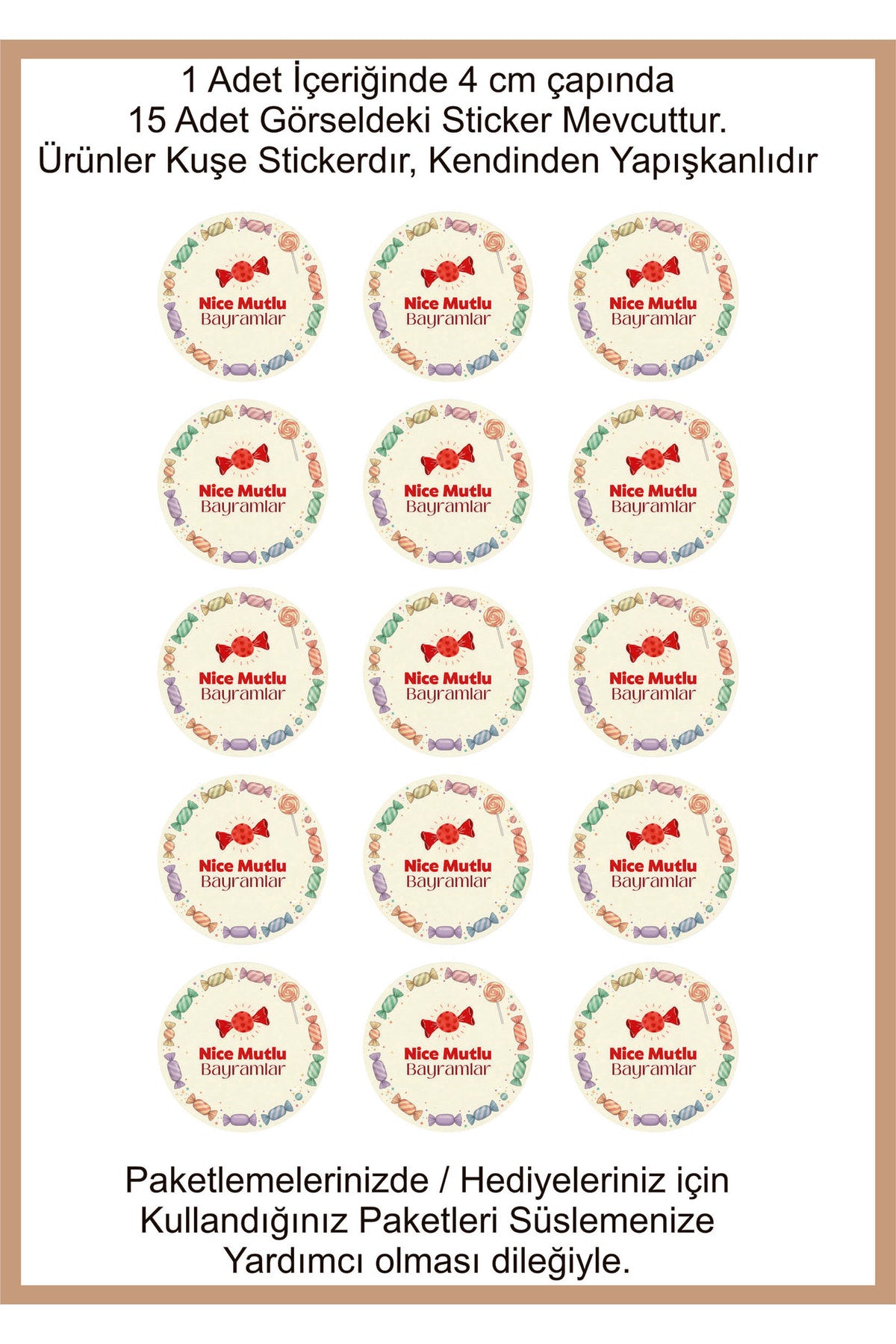 Nice Mutlu Bayramlar yazılı, Paketleme Kutularına Özel Tasarım Etiketler 4 cm Çapında 15 Adet Etiket