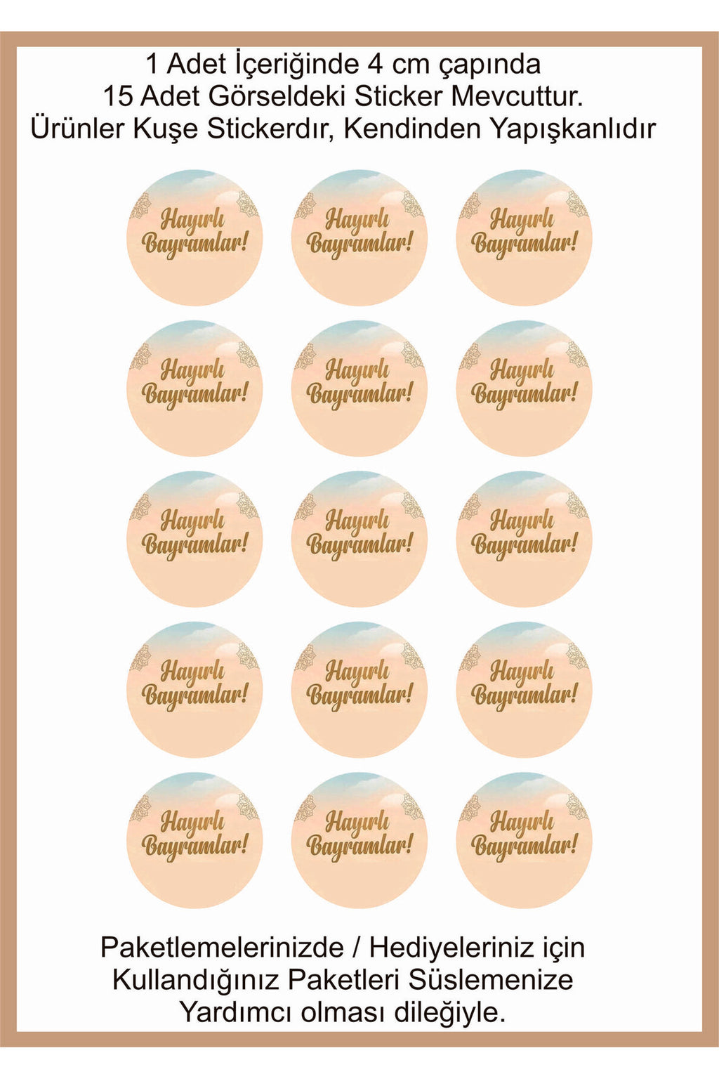 Hayırlı Bayramlar yazılı, Paketleme Kutularına Özel Tasarım Etiketler 4 cm Çapında 15 Adet Etiket