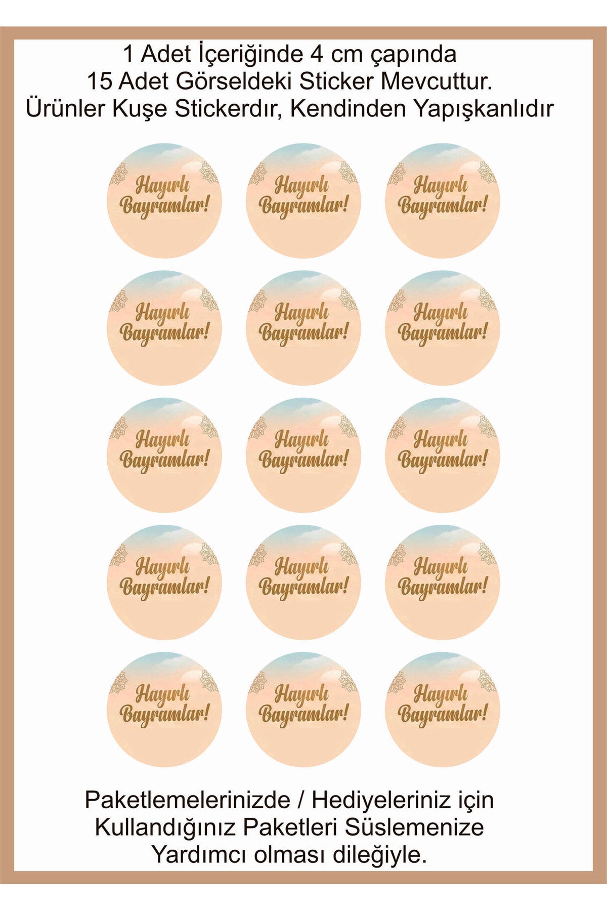 Hayırlı Bayramlar yazılı, Paketleme Kutularına Özel Tasarım Etiketler 4 cm Çapında 15 Adet Etiket