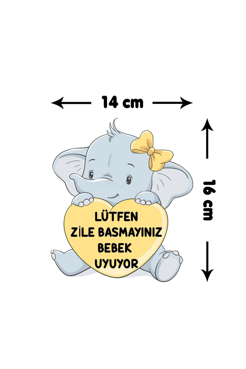 Zile Basmayınız Bebek Uyuyor - Fil Sarı Kalp Kapı Zil Üstü Sticker