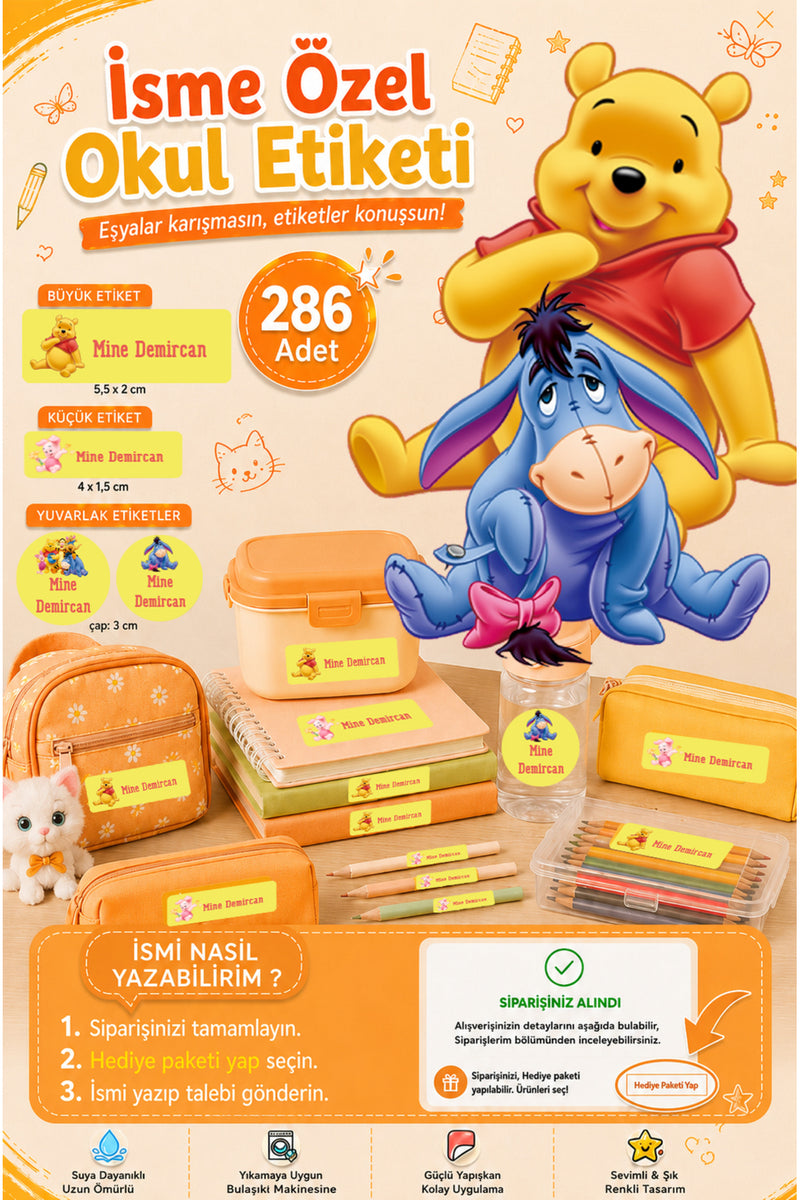 Okul Etiketi Winnie the Pooh Kalem Defter Etiketi Özel İsim Yazılabilen Etiket 286 Adet İsim Etiketi