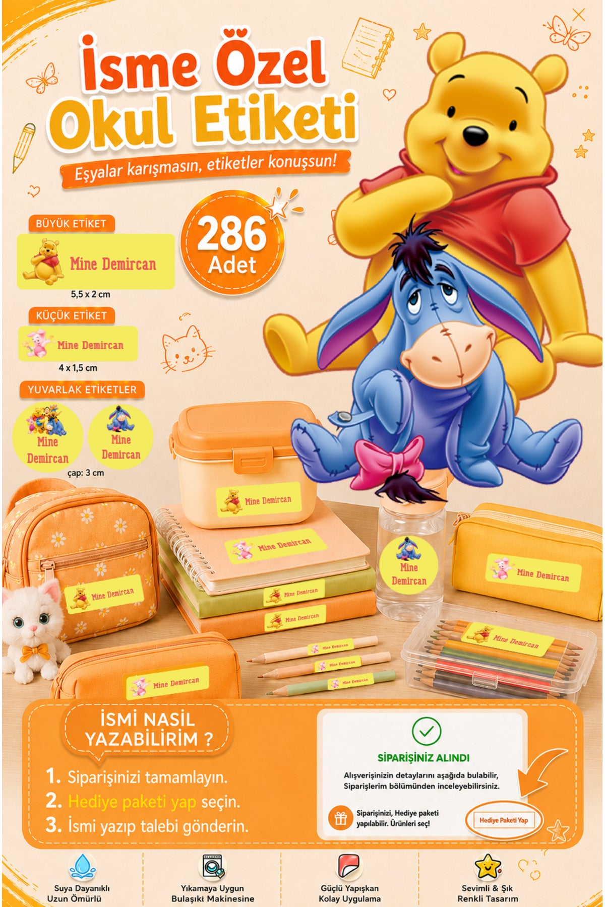 Okul Etiketi Winnie the Pooh Kalem Defter Etiketi Özel İsim Yazılabilen Etiket 286 Adet İsim Etiketi