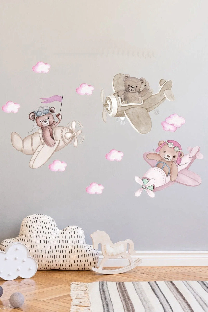 3 Kafadar Pilot Ayılar Mega Boy Pembe Duvar Sticker Seti
