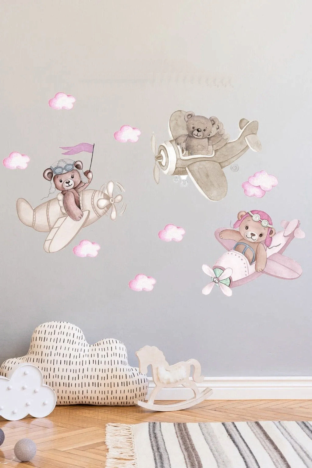 3 Kafadar Pilot Ayılar Mega Boy Pembe Duvar Sticker Seti