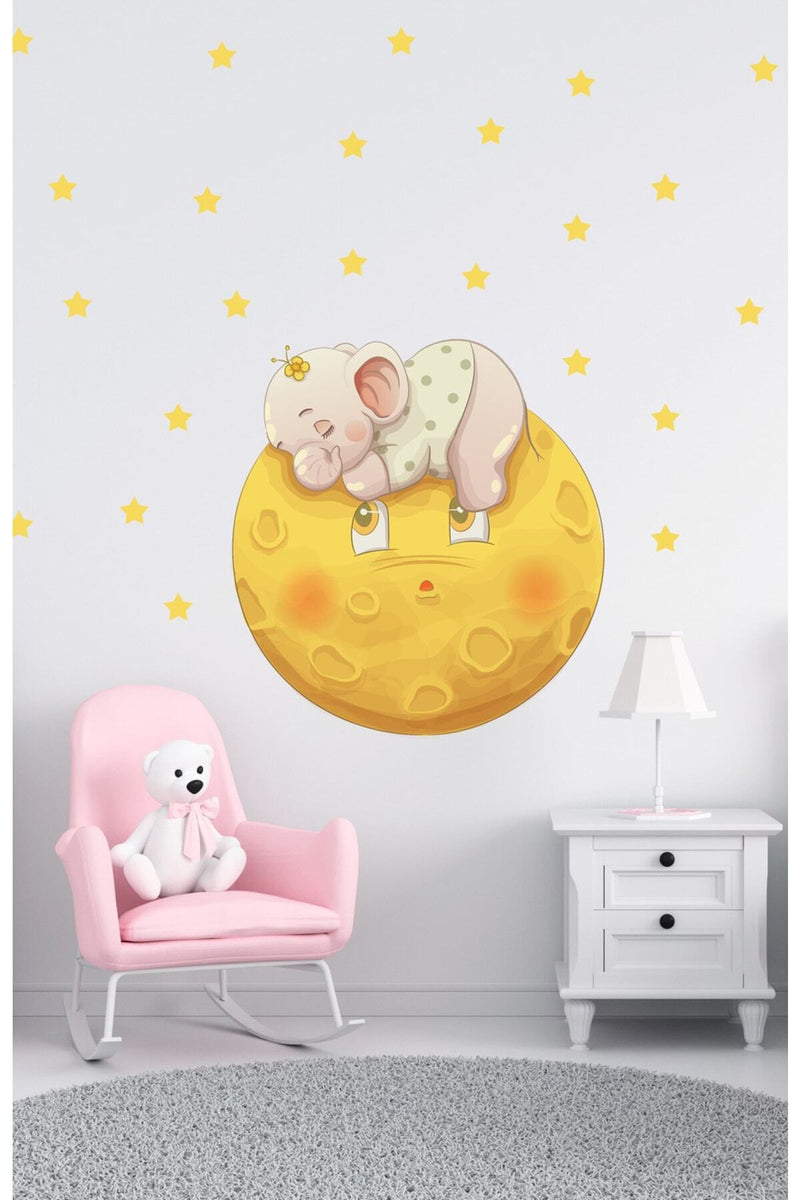 Uykucu Fil Ve Ay Tema Duvar Sticker