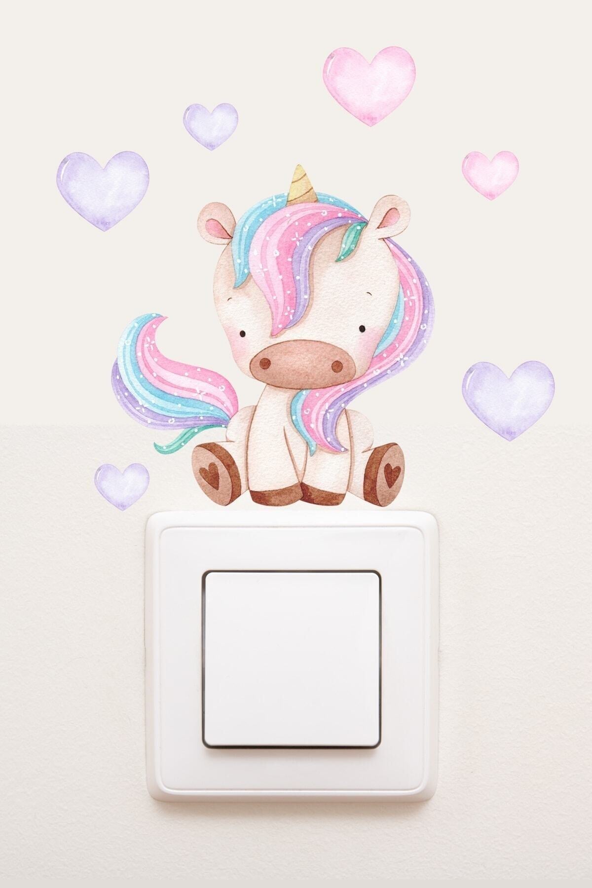 - Priz - Pastel Unicorn Ve Kalpler Dekoratif Priz Sticker - Sim754