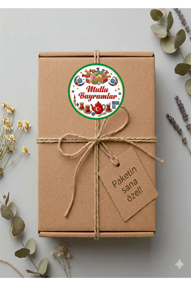 Mutlu Bayramlar yazılı, Paketleme Kutularına Özel Tasarım Etiketler 4 cm Çapında 15 Adet Etiket