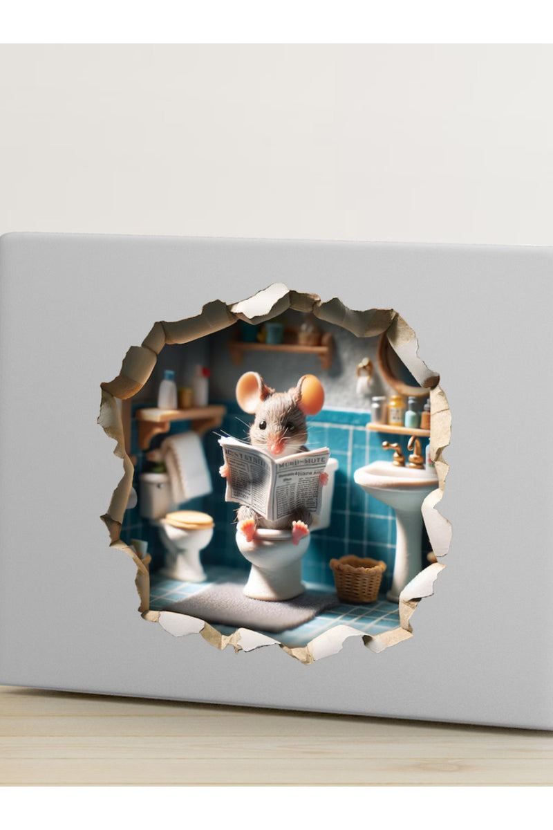 Tuvalette Gazete Okuyan Minik Fare Koridor Cam Priz Ev Dekorasyon Sticker