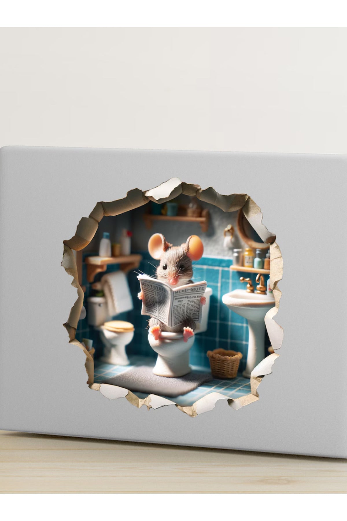 Tuvalette Gazete Okuyan Minik Fare Koridor Cam Priz Ev Dekorasyon Sticker