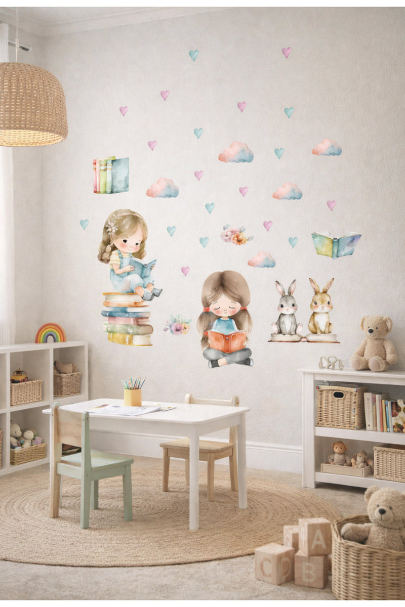 Kitap Okuyan Kızlar Anaokulu Kreş Duvar Sticker Seti