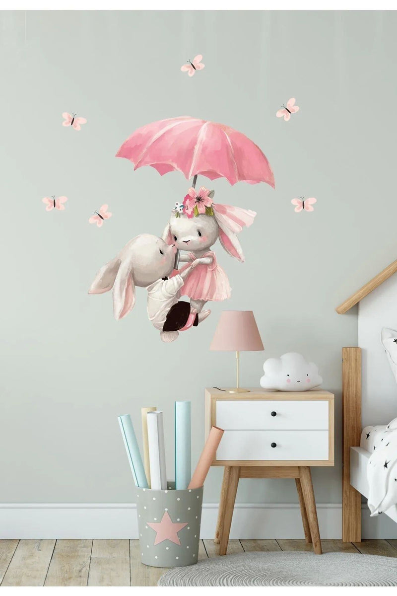 Dans Eden Şemsiyeli Tavşanlar Duvar Sticker Set Renkli