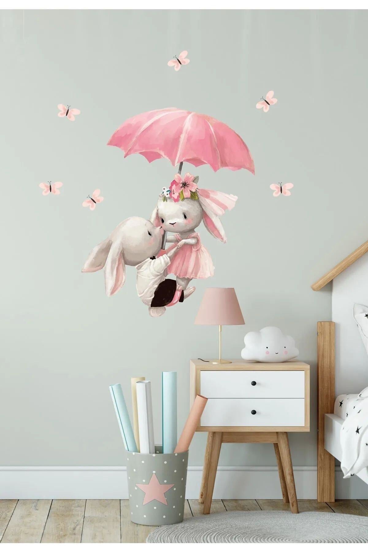 Dans Eden Şemsiyeli Tavşanlar Duvar Sticker Set Renkli