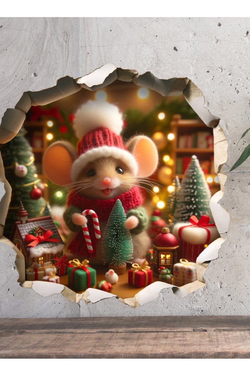 Şapkalı Yeniyıl Temalı Sevimli Noel Faresi Yılbaşı Yeni Yıl Dekoratif Sticker