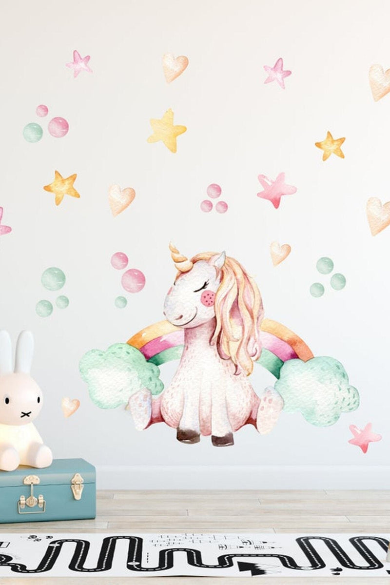 Unicorn Rüyası Renkli Puantiye Yıldızlar Ve Kalpler Duvar Sticker Seti