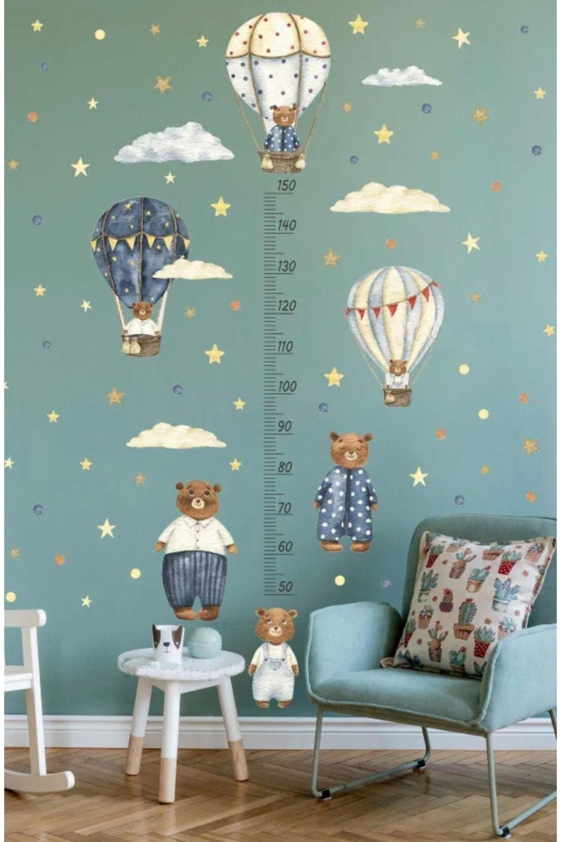 Boy Ölçer Ayıcıklı Uçan Balonlar Boy Cetveli Çocuk Odası Duvar Sticker Seti