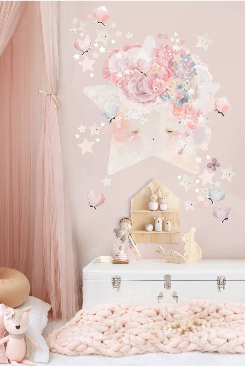 - Sim164- Soft Çiçek Taçlı Yıldız Duvar Sticker Set Renkli