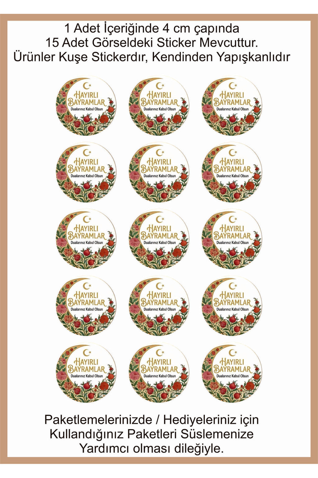 Hayırlı Bayramlar yazılı, Paketleme Kutularına Özel Tasarım Etiketler 4 cm Çapında 15 Adet Etiket