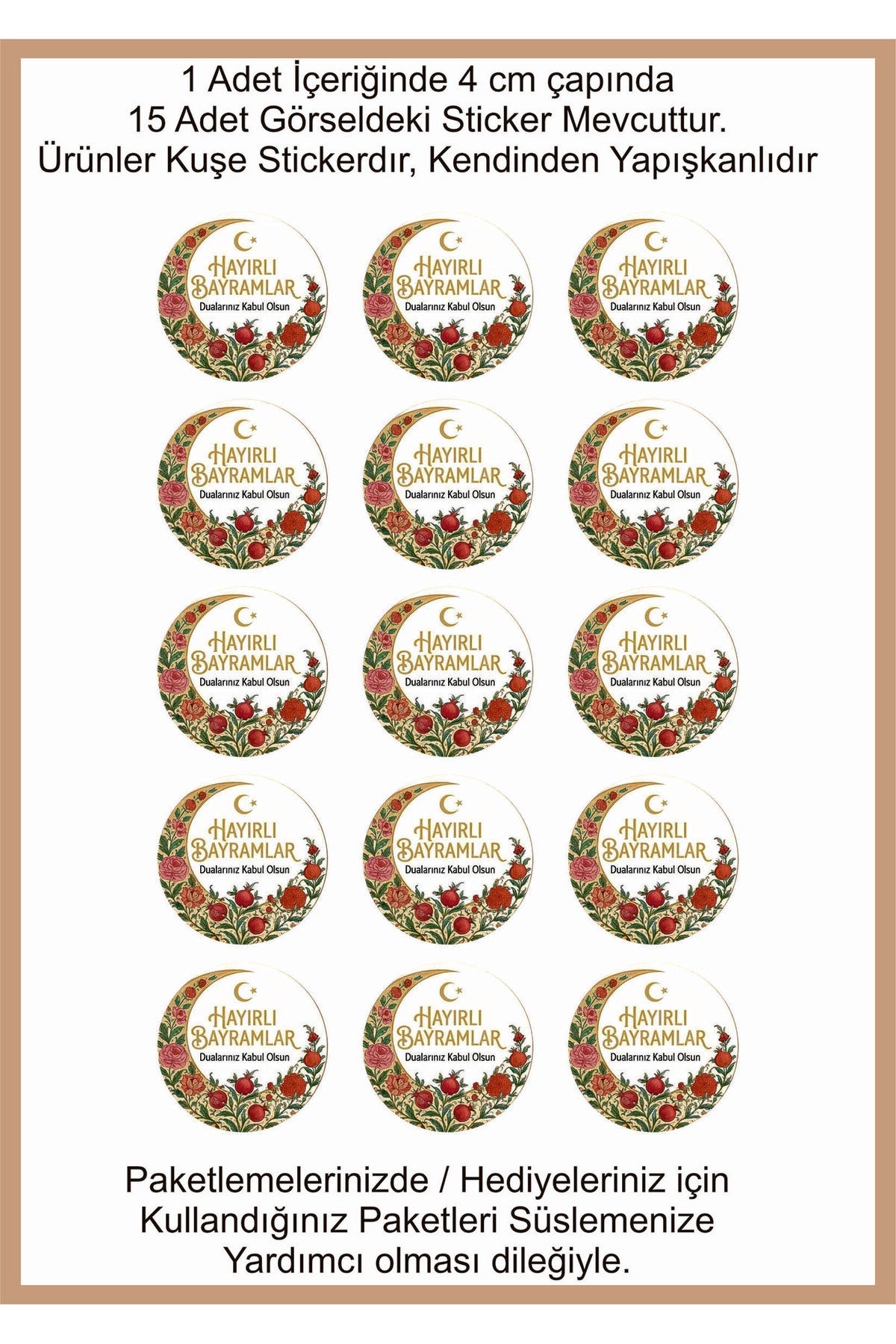 Hayırlı Bayramlar yazılı, Paketleme Kutularına Özel Tasarım Etiketler 4 cm Çapında 15 Adet Etiket