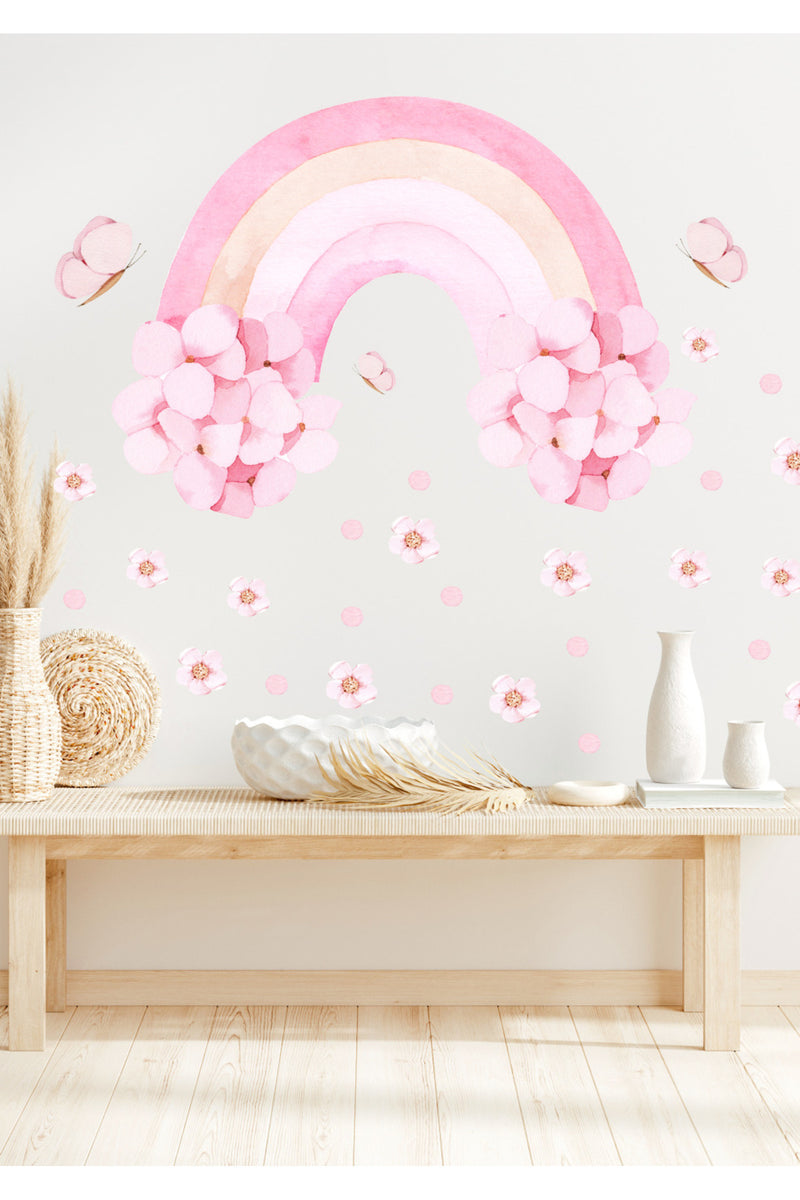 Pembe Çiçekli Gökkuşağı Çiçekler ve Kelebekler Kız Çocuk Odası Duvar Sticker Seti
