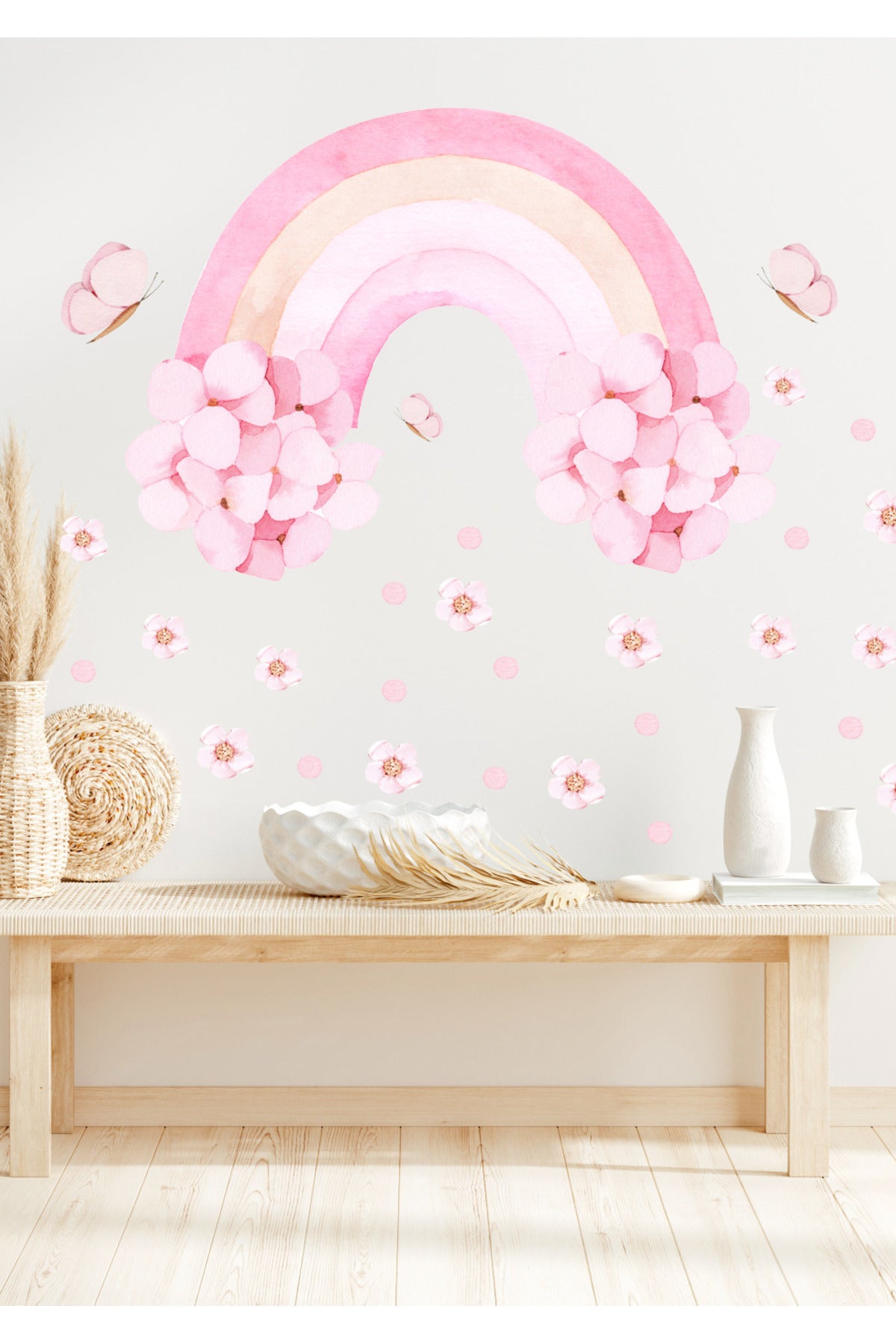Pembe Çiçekli Gökkuşağı Çiçekler ve Kelebekler Kız Çocuk Odası Duvar Sticker Seti