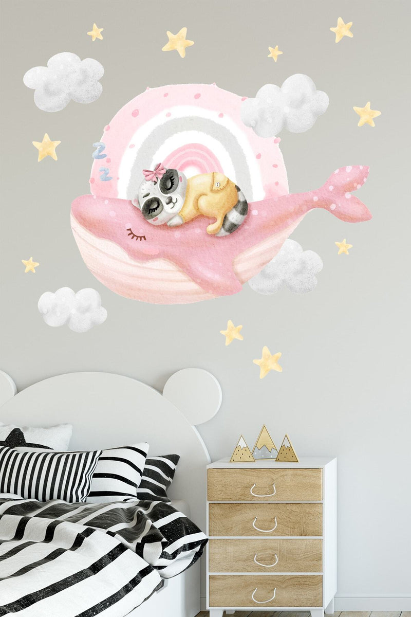 Pembe Balina Ve Gökkuşağı Duvar Sticker Seti