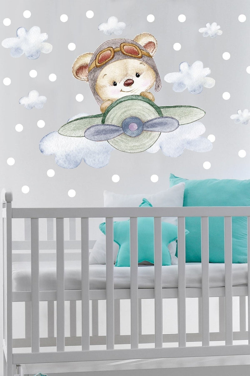 Sevimli Pilot Ayıcık Duvar Sticker Seti