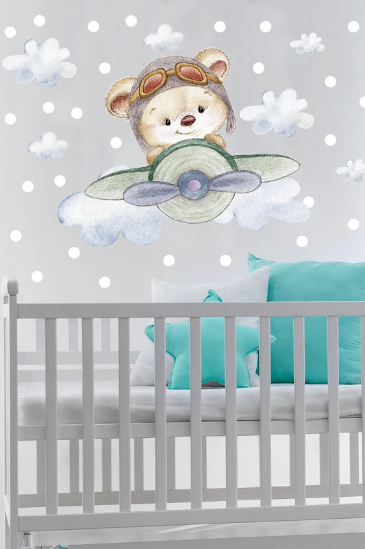 Sevimli Pilot Ayıcık Duvar Sticker Seti