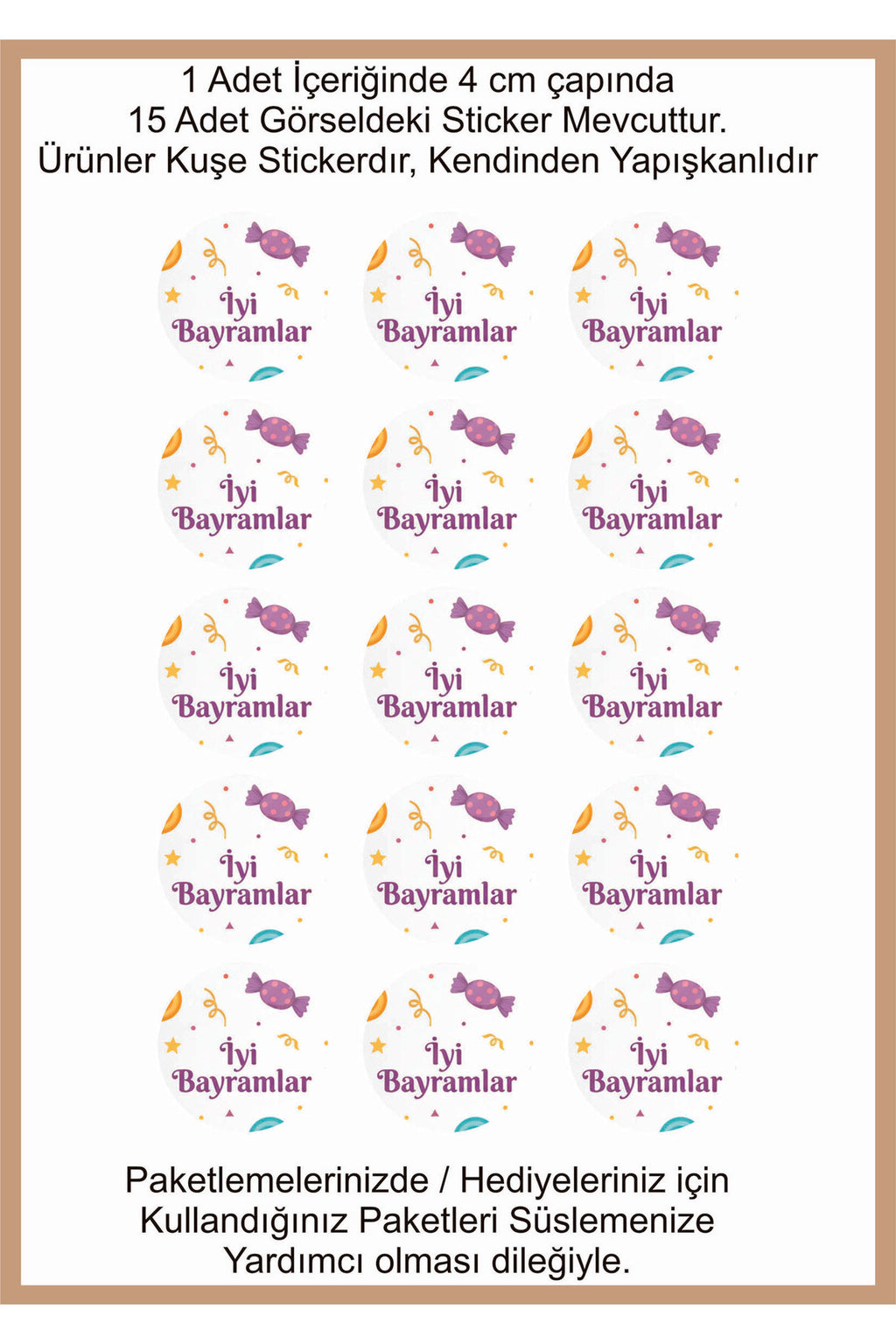 İyi Bayramlar yazılı, Paketleme Kutularına Özel Tasarım Etiketler 4 cm Çapında 15 Adet Etiket