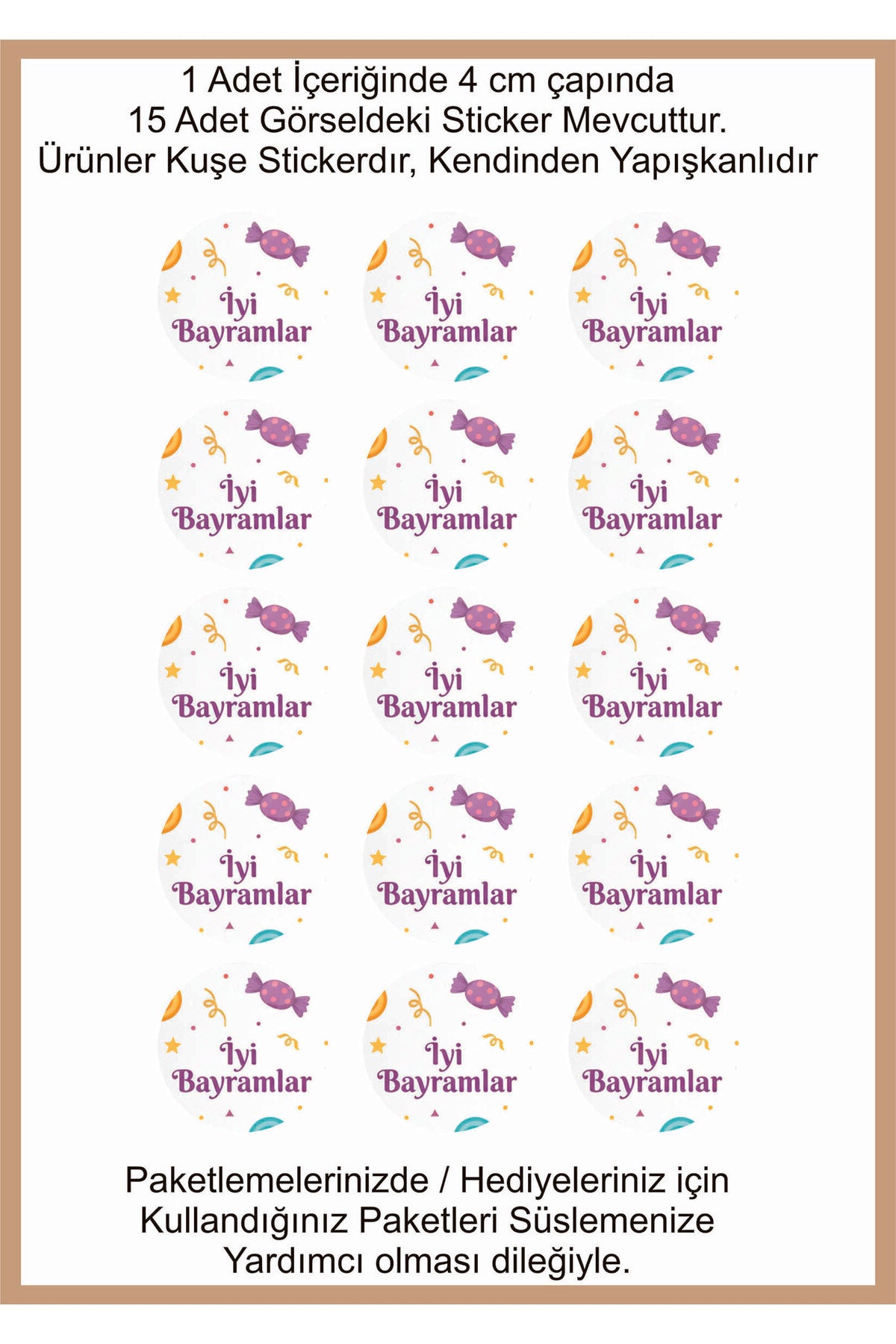 İyi Bayramlar yazılı, Paketleme Kutularına Özel Tasarım Etiketler 4 cm Çapında 15 Adet Etiket