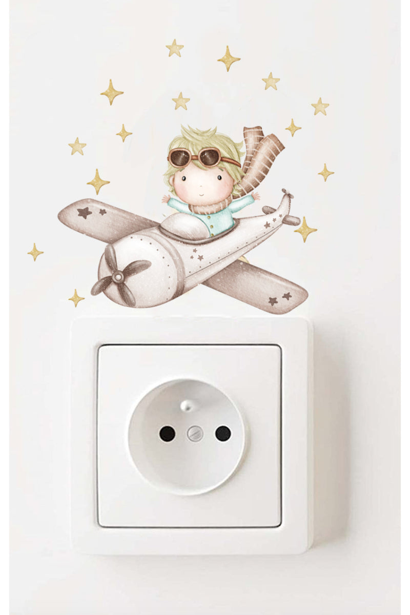 - Priz - Pastel Retro Uçaklı Küçük Prens Çocuk Odası Dekoratif Priz Sticker