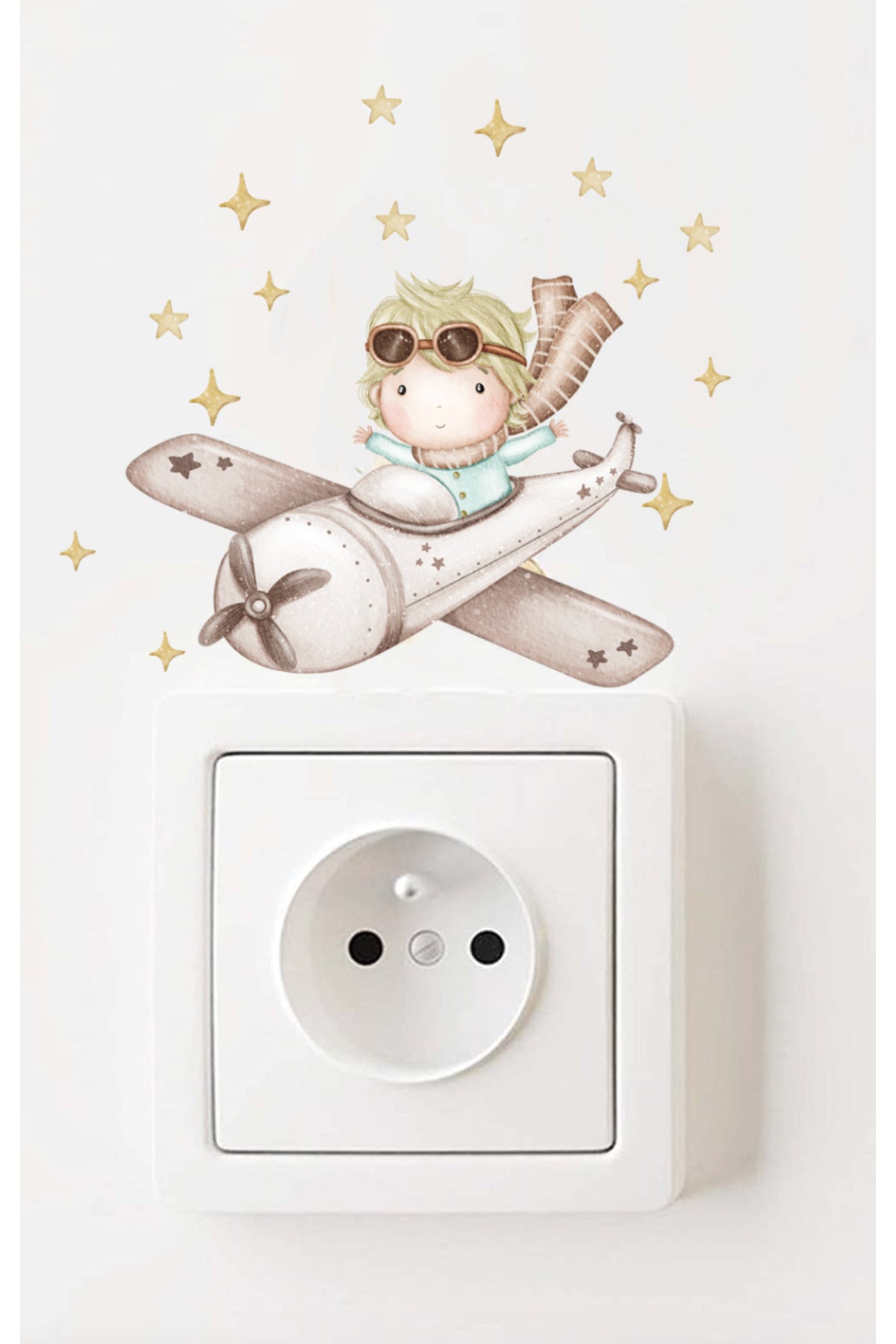 - Priz - Pastel Retro Uçaklı Küçük Prens Çocuk Odası Dekoratif Priz Sticker