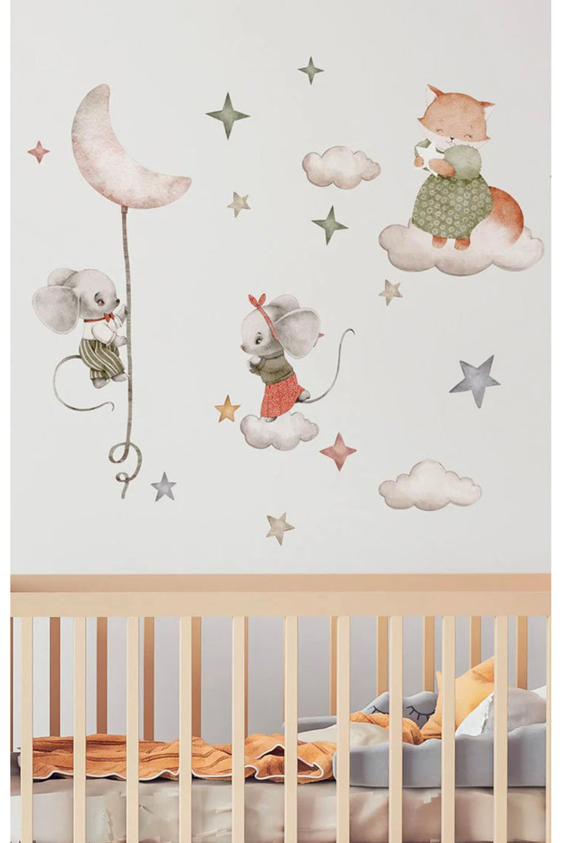 Pastel Sevimli Tilki ve Fare Kardeşler Çocuk Odası Duvar Sticker Seti