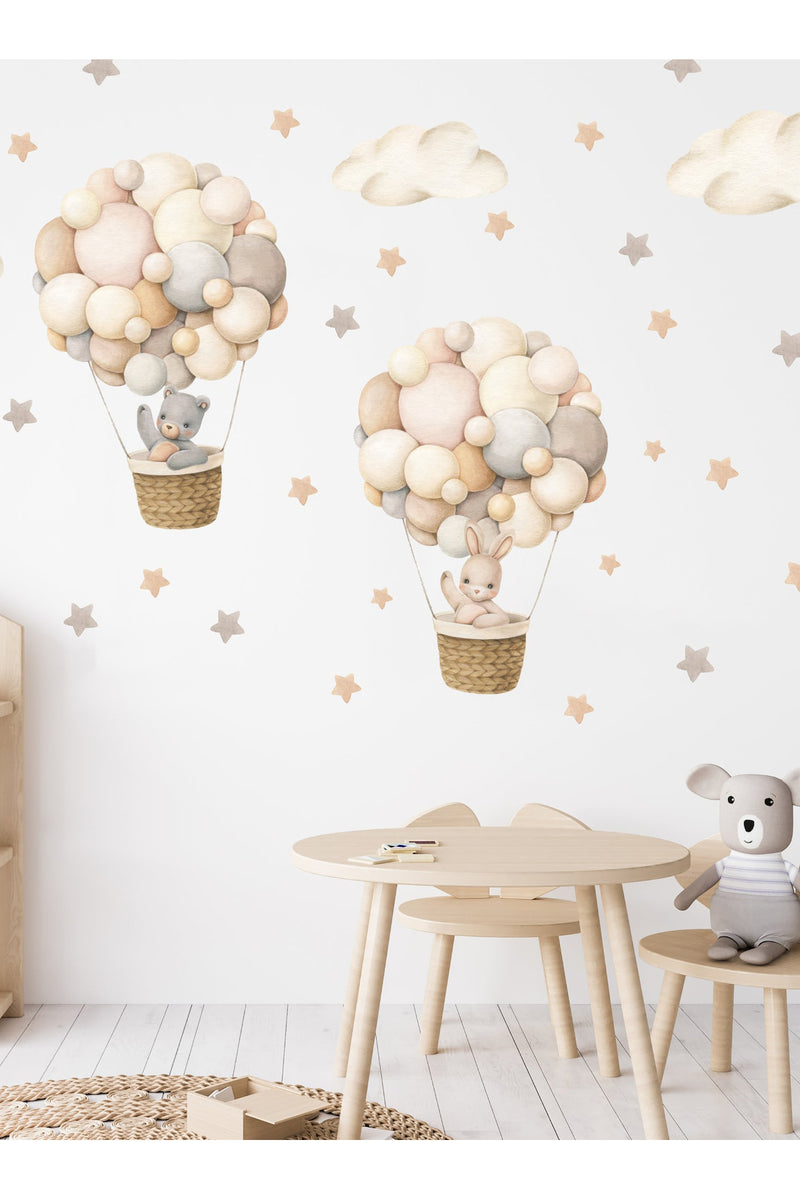 Boy Ölçerli Pastel Havabalonunda Sevimli Hayvanlar Çocuk Odası Duvar Sticker Seti