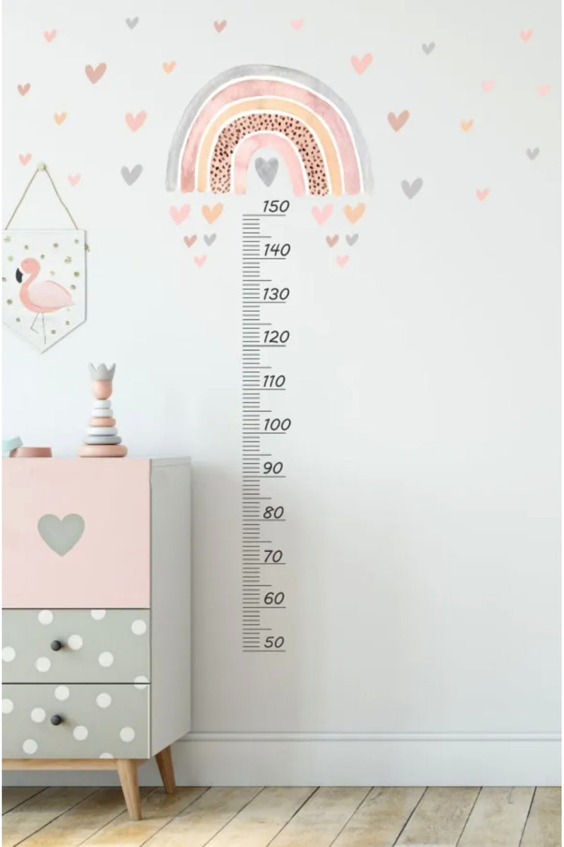 Pastel Gökkuşağı Ve Kalpler Boy Ölçer Boy Cetveli Duvar Sticker