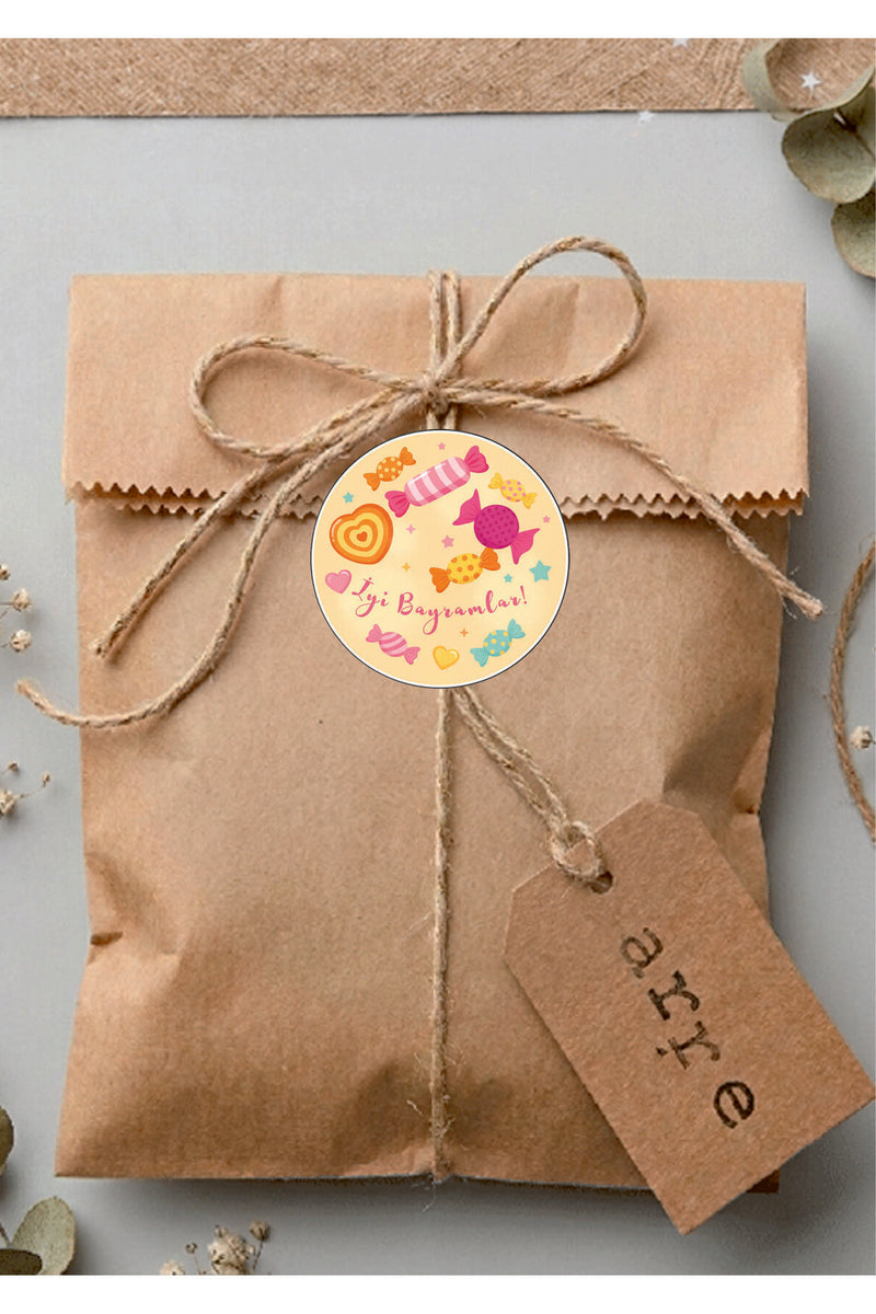İyi Bayramlar yazılı, Paketleme Kutularına Özel Tasarım Etiketler 4 cm Çapında 15 Adet Etiket