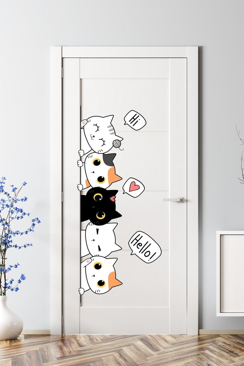 Sevimli Kediler Kapı Duvar Çocuk Odası Sticker - Sm210 Simtasarım-385
