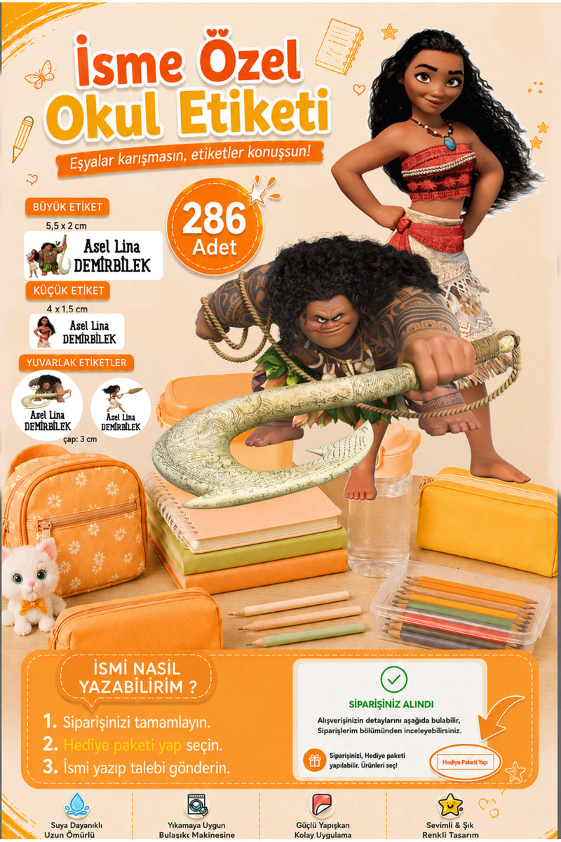 Moana Okul Etiketi Kalem Defter Etiketi Özel İsim Yazılabilen Etiket 286 Adet İsim Etiketi