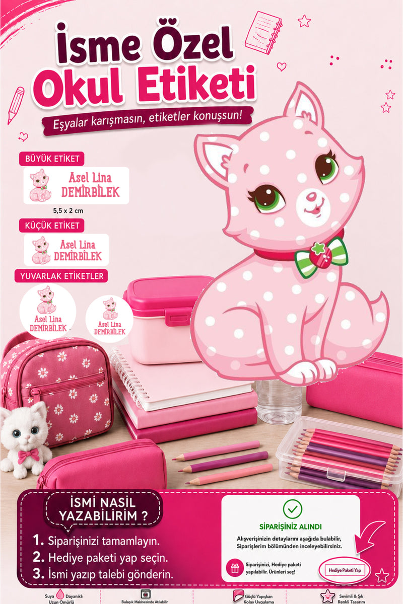 Pembe Kedi Okul Etiketi Kalem Defter Etiketi Özel İsim Yazılabilen Etiket 286 Adet İsim Etiketi