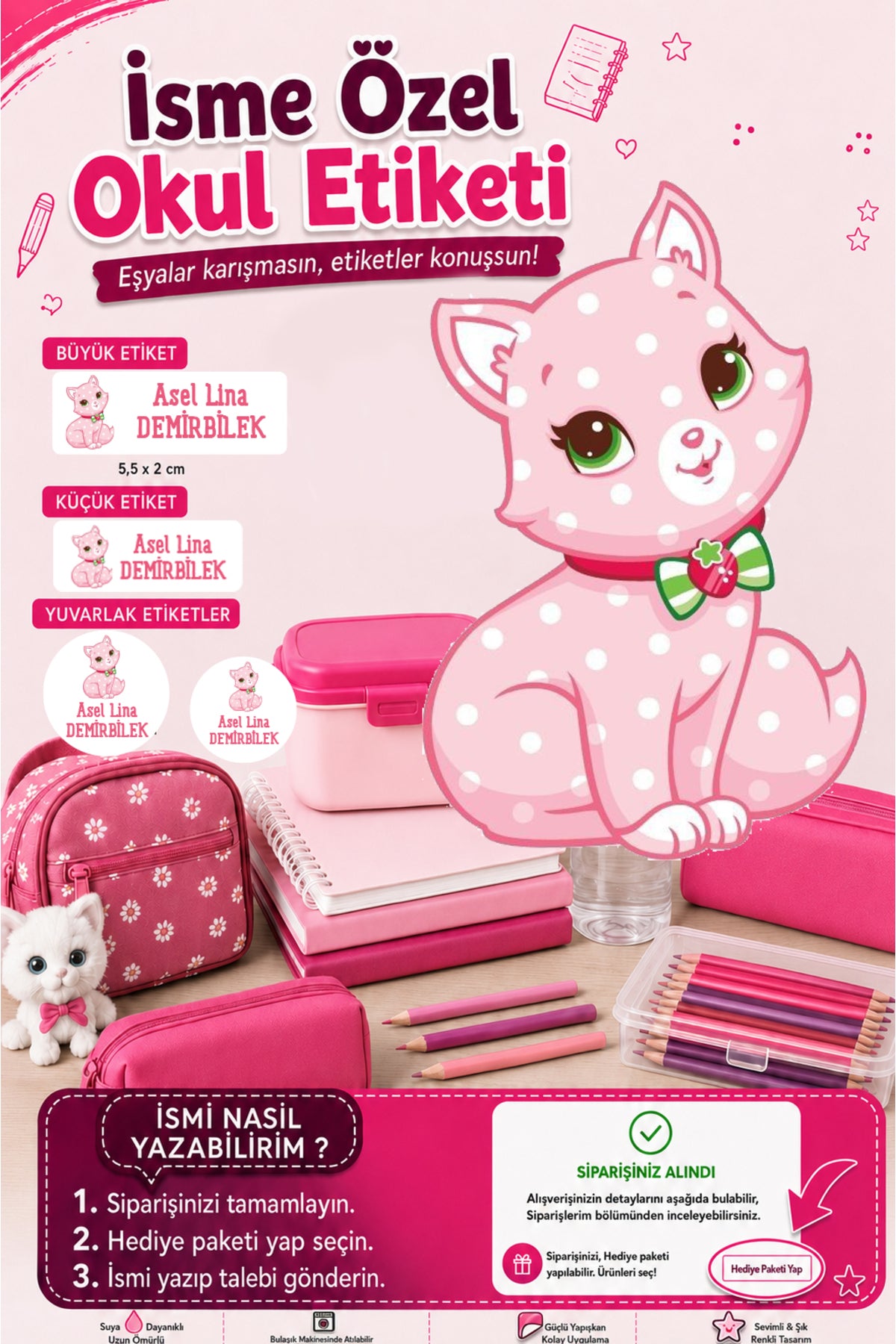 Pembe Kedi Okul Etiketi Kalem Defter Etiketi Özel İsim Yazılabilen Etiket 286 Adet İsim Etiketi