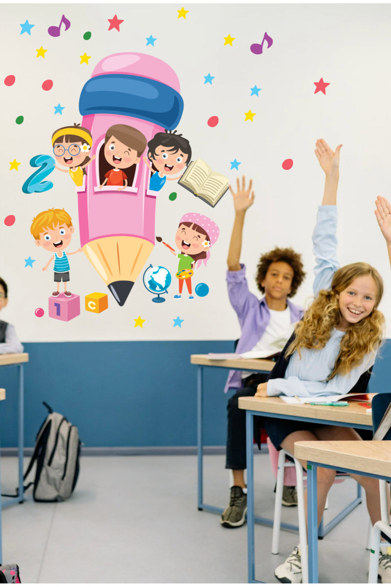 Dev Pembe Kalem Okula Dönüş Anaokulu Kreş Duvar Süsleme Sticker