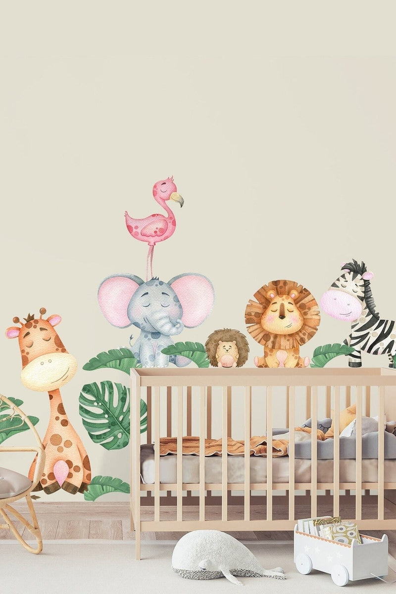 Neşeli Orman Hayvanları Flamingo Kirpi Aslan Zebra Fil Zürafa Çocuk Odası Duvar Sticker