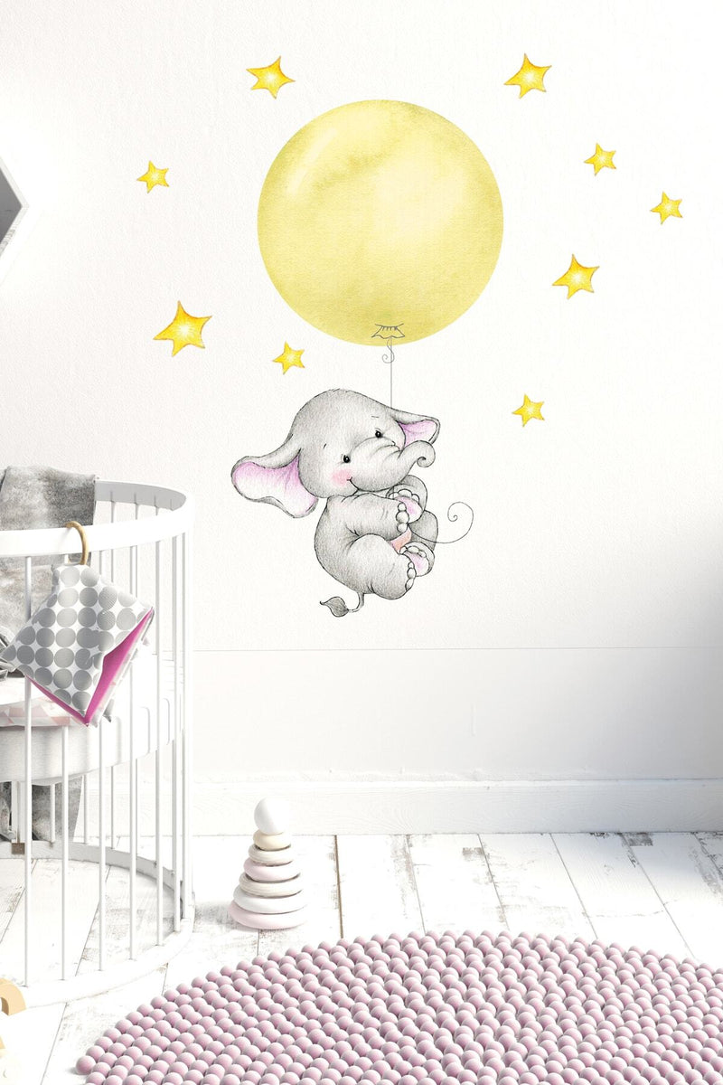 Sarı Balonlu Sevimli Fil Duvar Sticker Seti