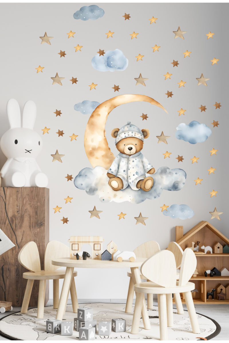 Bulutta Pijamalı Şapkalı Mavi Ayıcık Bulutlar Yıldızlar Çocuk Odası Duvar Sticker Seti