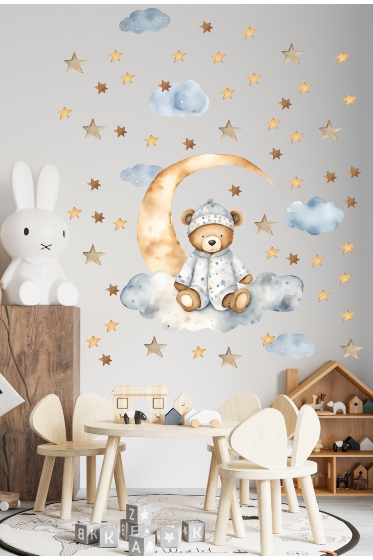 Bulutta Pijamalı Şapkalı Mavi Ayıcık Bulutlar Yıldızlar Çocuk Odası Duvar Sticker Seti