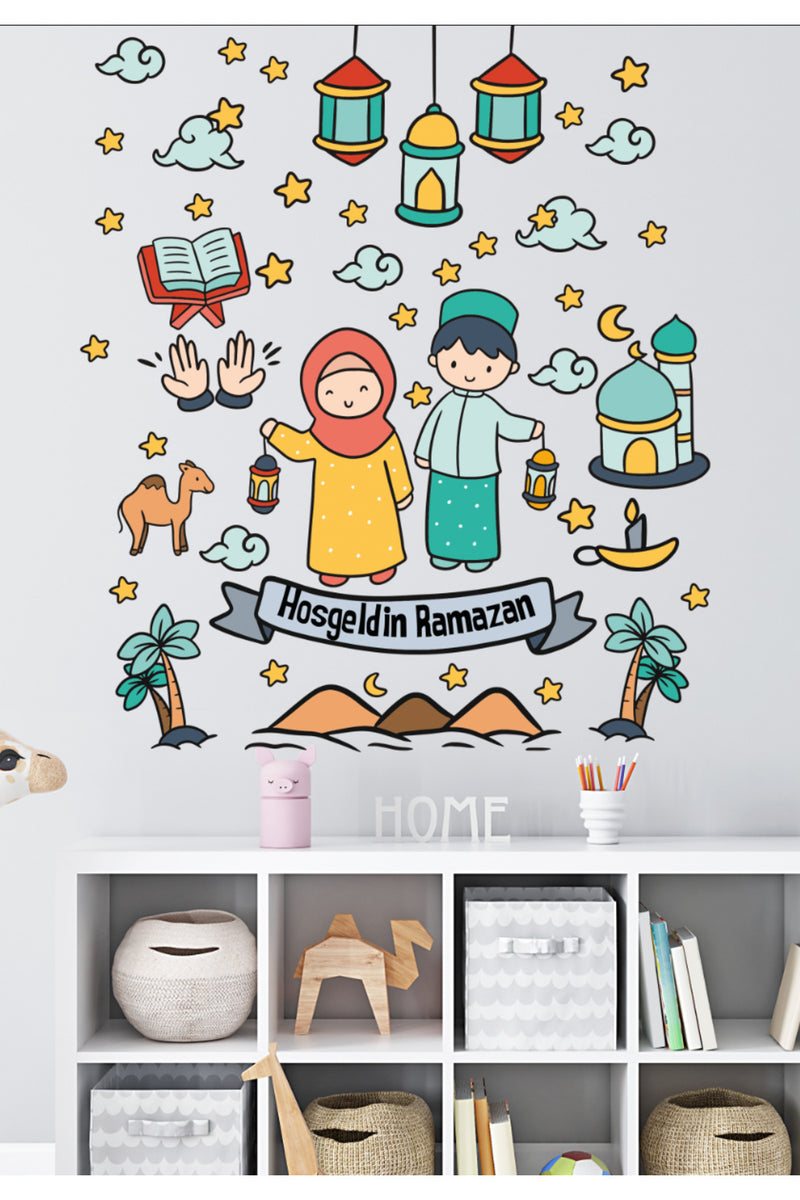 - Ramazan Ayı Temalı Süsleme Sticker Cami ve Ramazan Figürleri Cam Duvar Sticker Seti