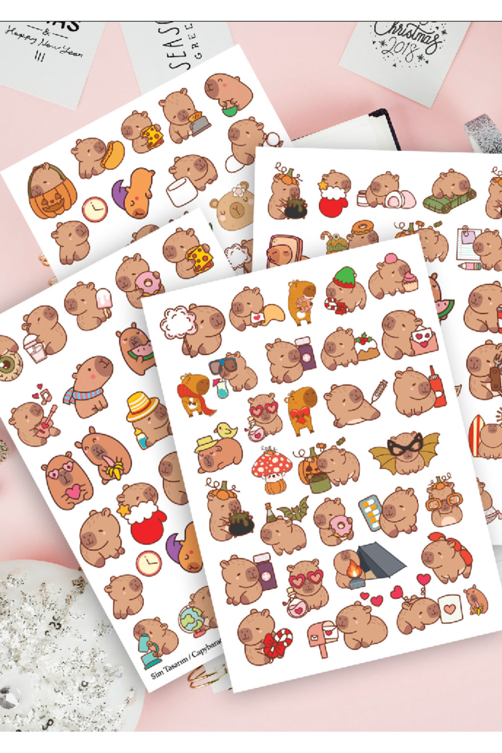 Capybara Kapibara Ajanda, Bullet Journal, Defter, Bisiklet Çıkartma Sticker - 116 adet