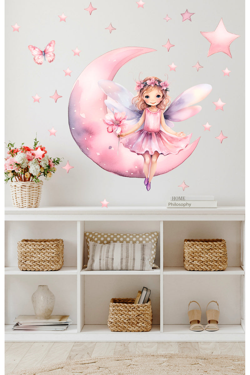 Soft Pembe Ayda Oturan Peri Kızı Bebek Çocuk Odası Duvar Sticker Seti