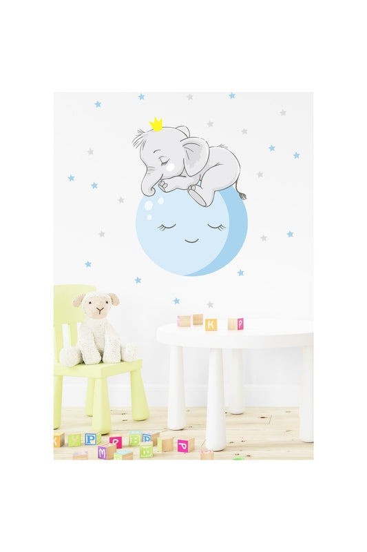 Mavi Ay ve Uykucu Fil Duvar Sticker Seti