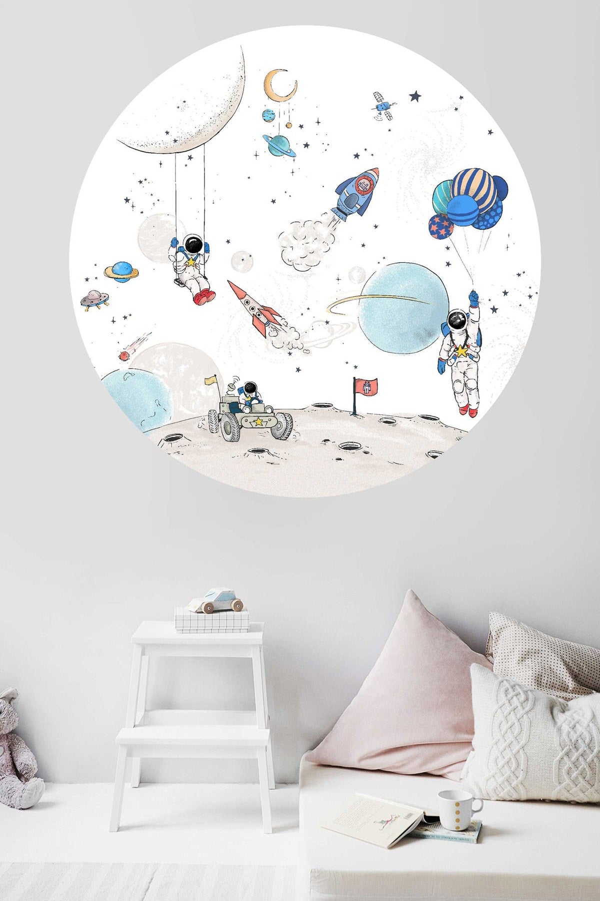 Yuvarlak Uzay Astronot Roket Temalı Çocuk Odası Duvar Sticker Seti